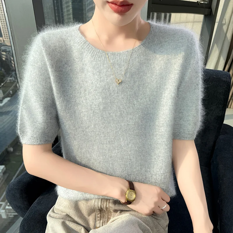 

Новый женский свитер с круглым вырезом и коротким рукавом из 100% норкового кашемира, свободный крой, тонкий вязаный пуловер с полурукавом