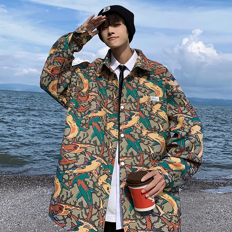 

Heavy Embroidery Jaet for Men Spring Autumn Oversize Retro National Trend Doodle Print Casual Sli Long Sve Coat