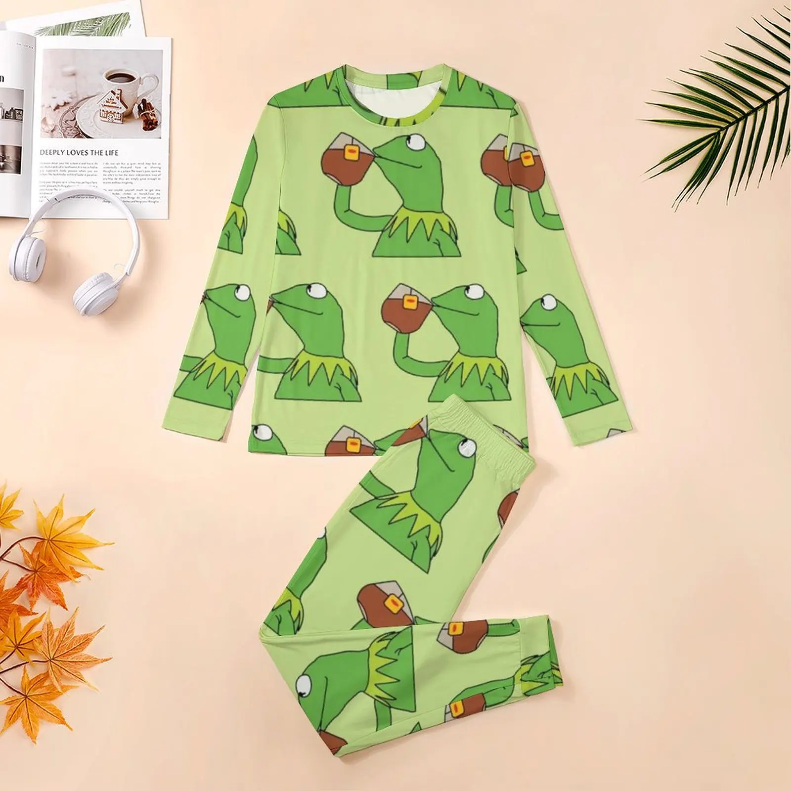 Frog Meme Pajamas Autumn 2 Piece Tea Has Been Served Cool Pajama Sets Man Long Sleeve Home Graphic Home Suit Big Size 4XL 5XL