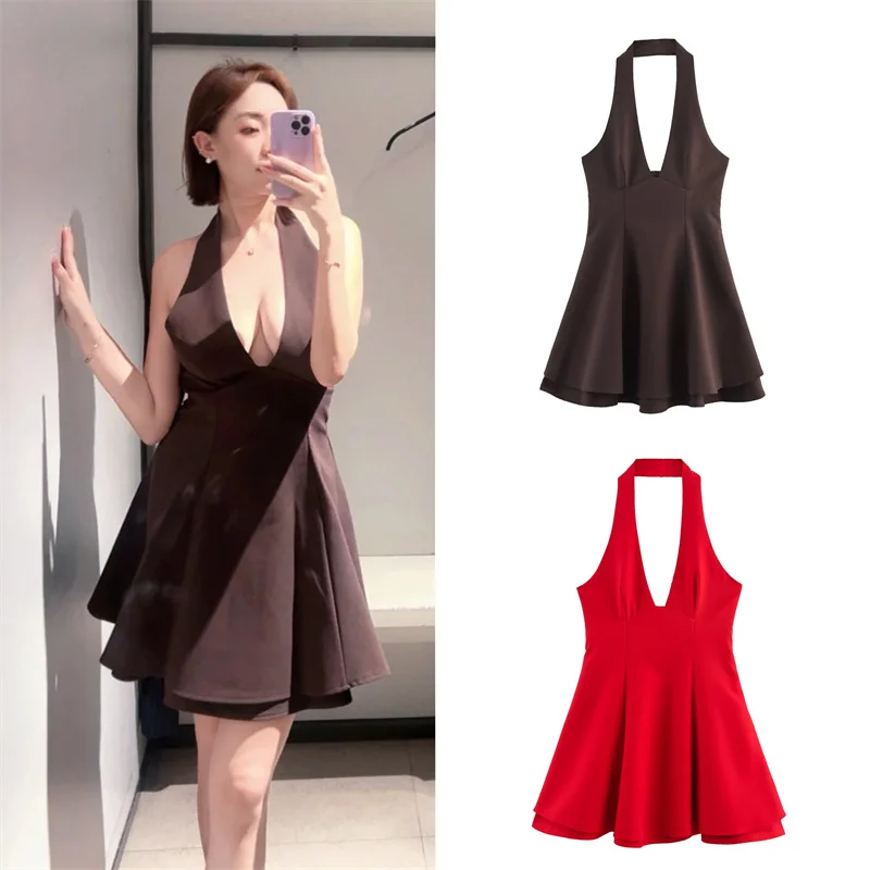 여성 여름 드레스 2025 신상 솔리드 컬러 홀터넥 더블 장식 딥 V넥 숏 드레스 섹시하고 우아한 패션