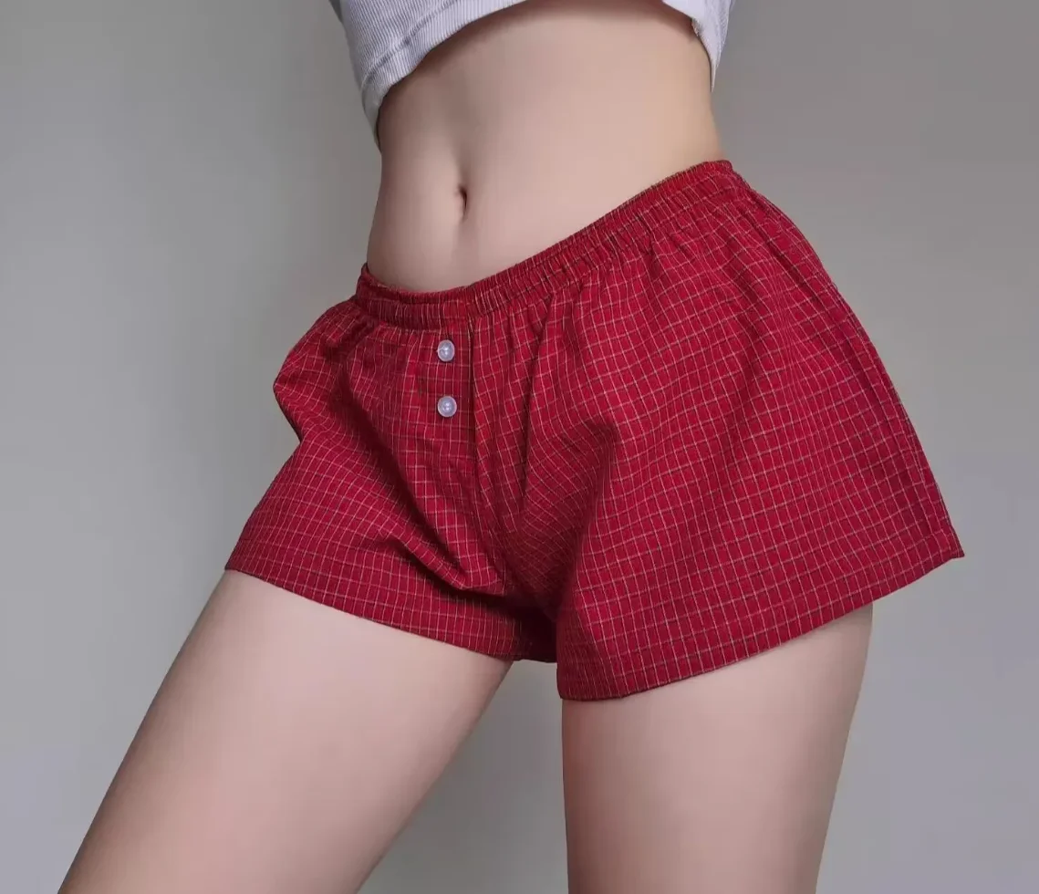 

Striped Lace-up Cotton Shorts Woman Summer Elastic Waist Straigt Short Pant Casual Vintage Sweet Cute Home Pants Home shorts