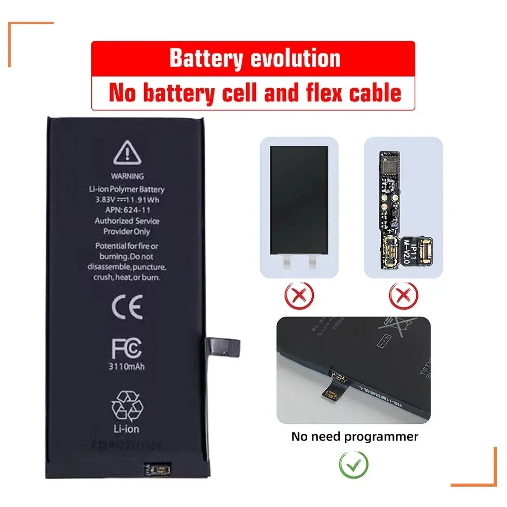 No BMS Soldering Phone Battery For iPhone 15 14 Plus 13 12 Mini 11 Pro Max No Need Programmer No Pop-up Shows 100% Capacity