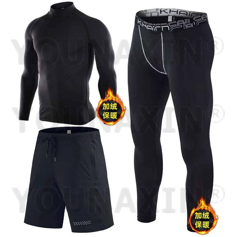 3 قطع الرجال أفخم الدافئة الرياضة البدلة الحرارية تي شيرت الشتاء التدريب تشغيل السراويل الجوارب السراويل اليوغا قاعدة اللياقة البدنية الملابس مجموعة #6