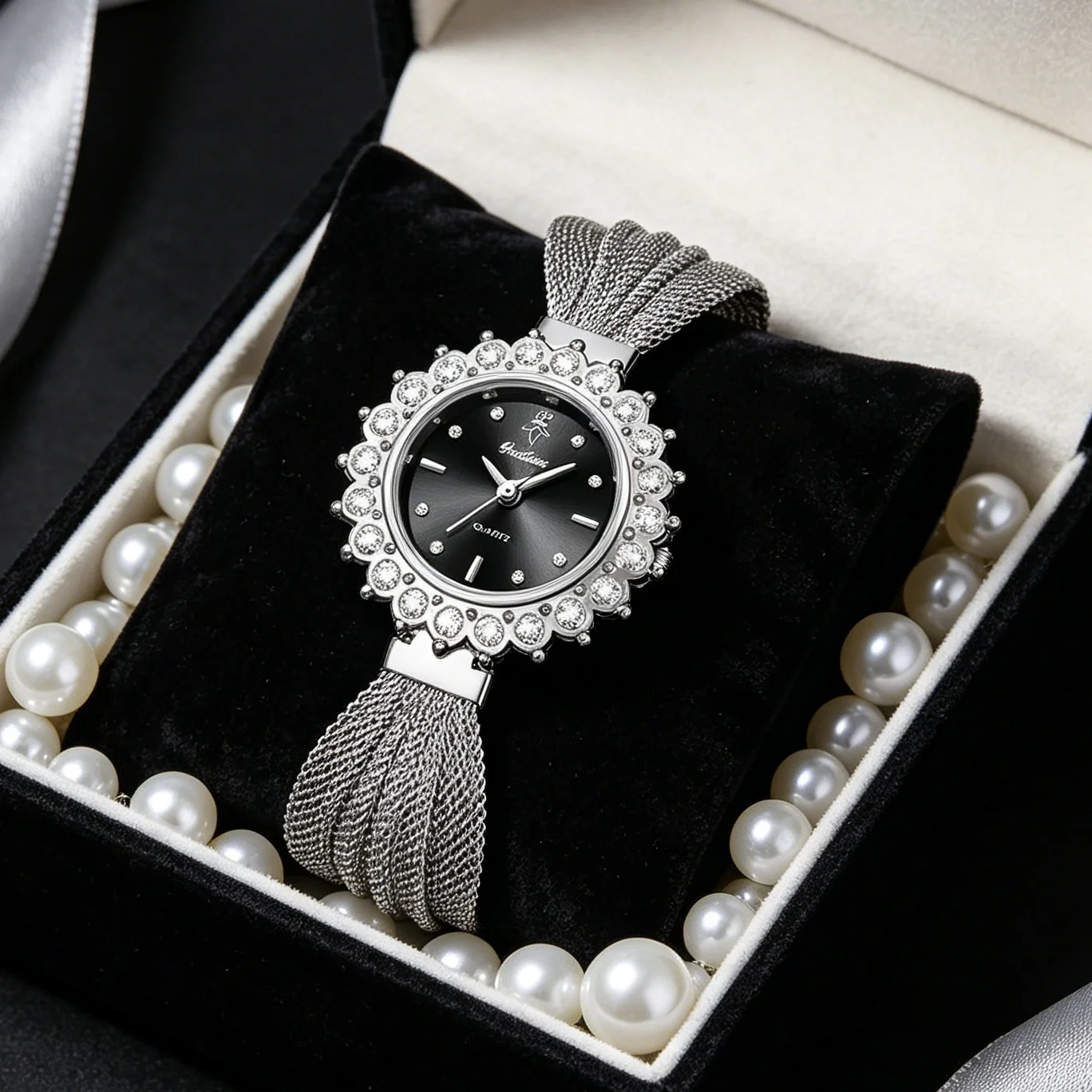 YaLaLuSi Glam Silver Ladies Watch Round  Crystal Case Black Minimal Dial Double Tassel Mesh Chain Bracelet Bridal Statement Quartz Wristwatch For Women