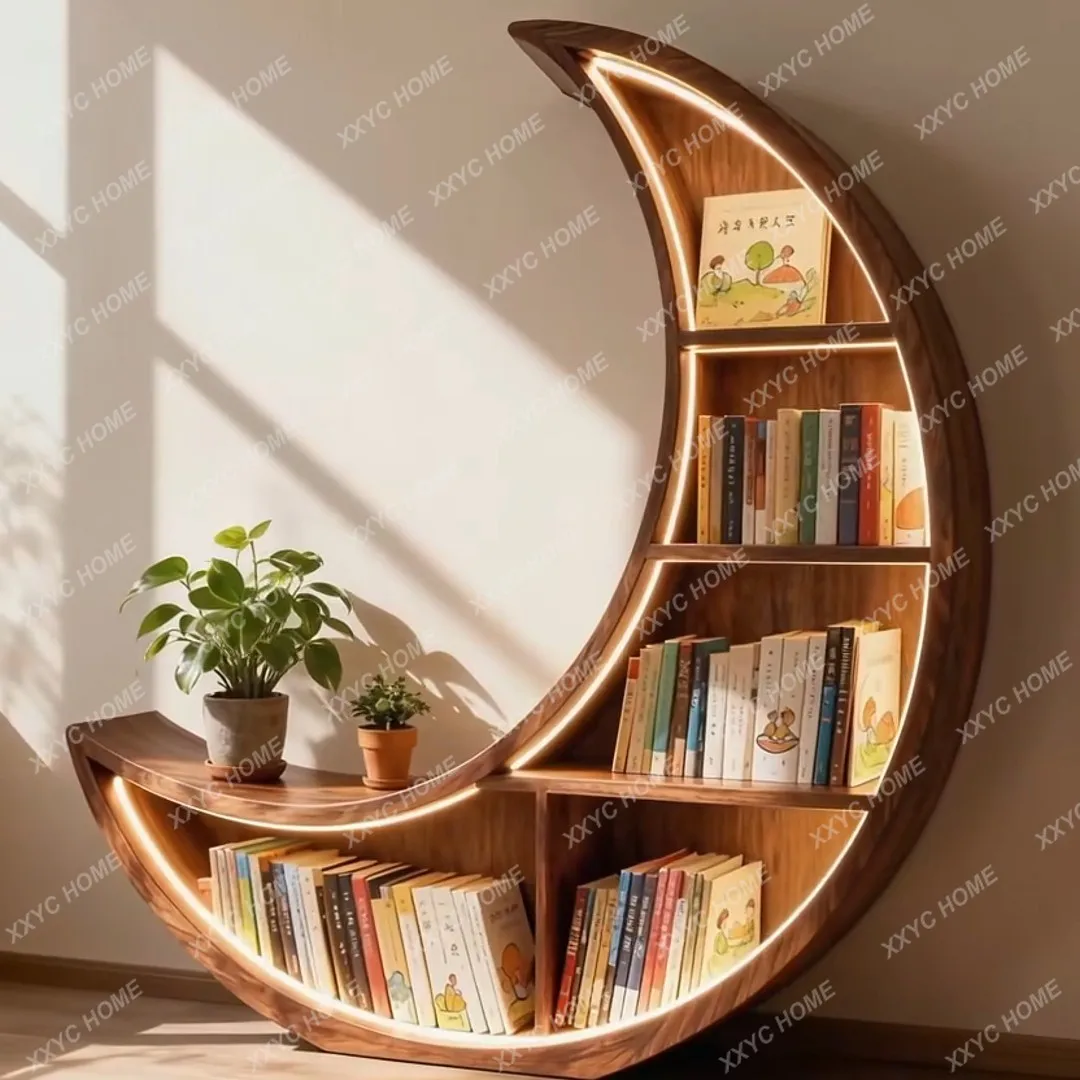 

LNew Chinese-style black walnut moon bookshelf, aesthetic special-shaped bookshelf, integrated storage bookcase