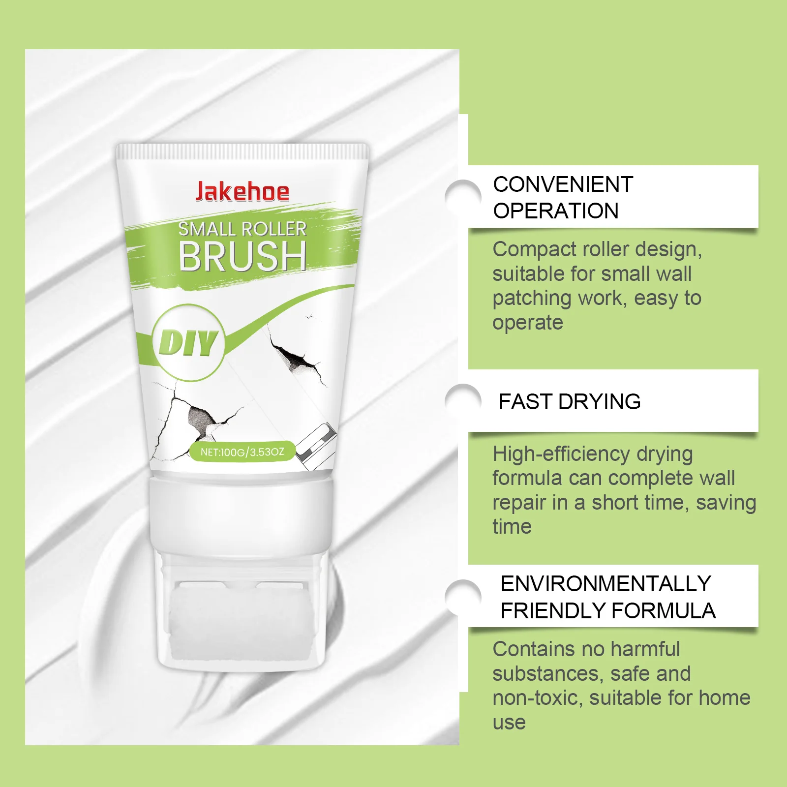 Mała szczotka rolkowa JAKEHOE. Efektywna formuła susząca umożliwia szybką naprawę ścian, oszczędzając czas.