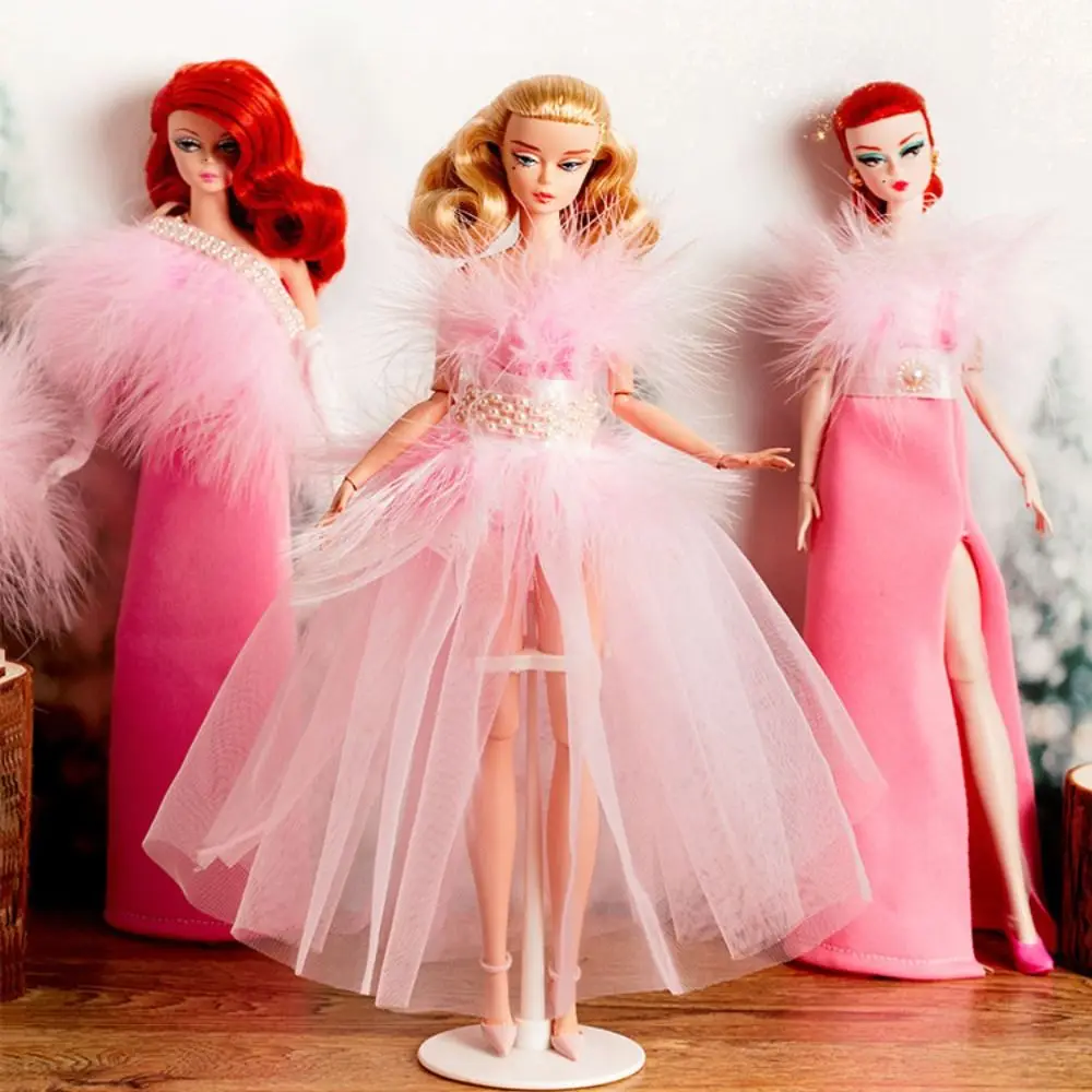 

European Fashion Pink Lace Dresses with Shoes Necklace Luxury Elegant Evening Dress for 1/6 BJD 30cm Supermodel Dolls