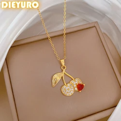 DIEYURO 316L Stainless Steel Cherry Fruit Red Heart Zircon Pendant Necklace Women Trend Fashion Collarbone Chain Jewelry Gift