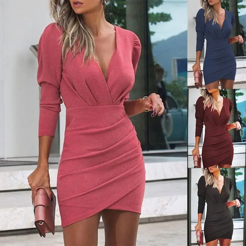 Minivestido de fiesta de cumpleaños para mujer, vestido ajustado de manga larga con cuello en V, plisado de Color liso, Sexy, Otoño, 2025