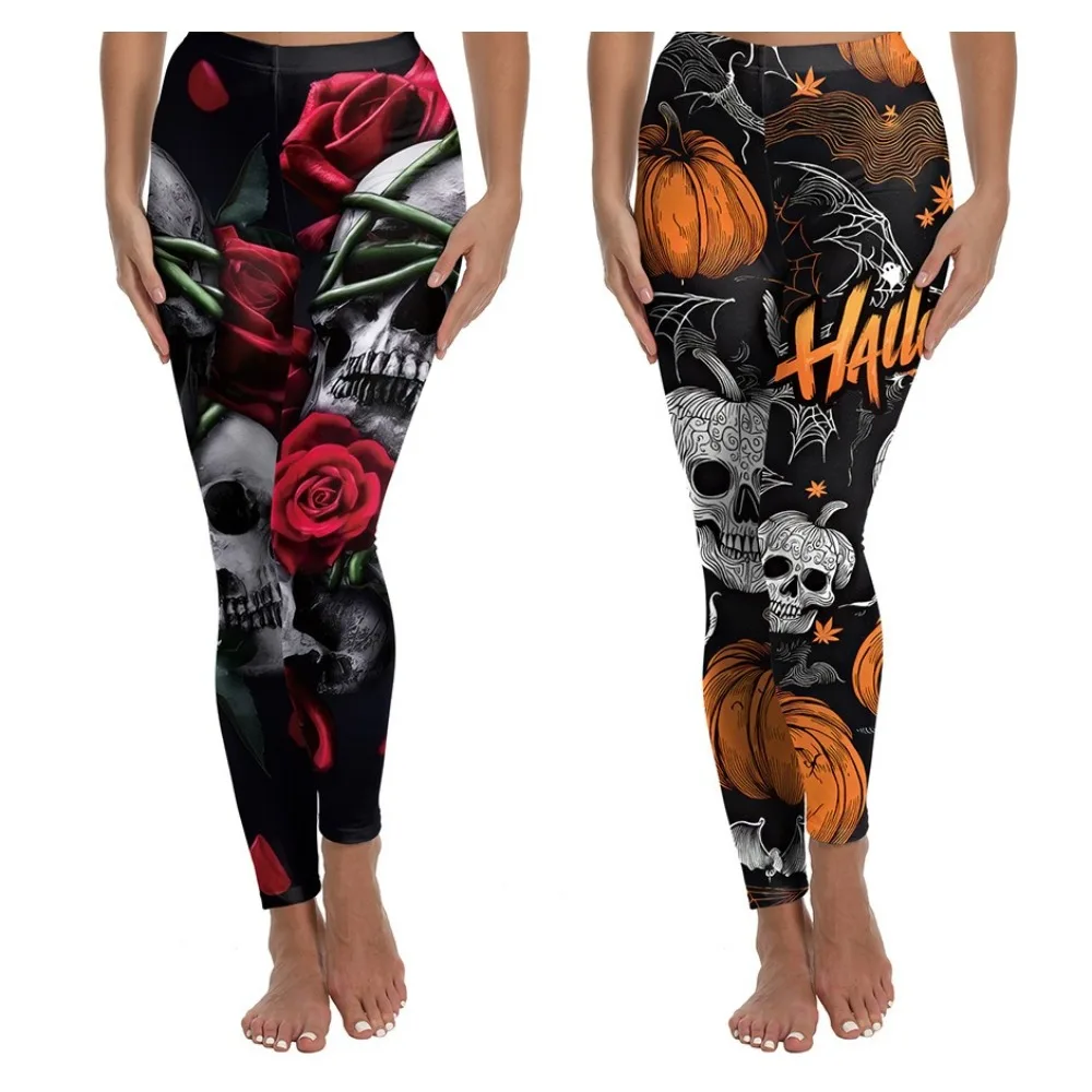 Women's Autumn Fall Holiday Retro Floral Pumpkin Art Pattern High Waist Yoga Leggings Stretch Slim Fit Printed Workout Pants
