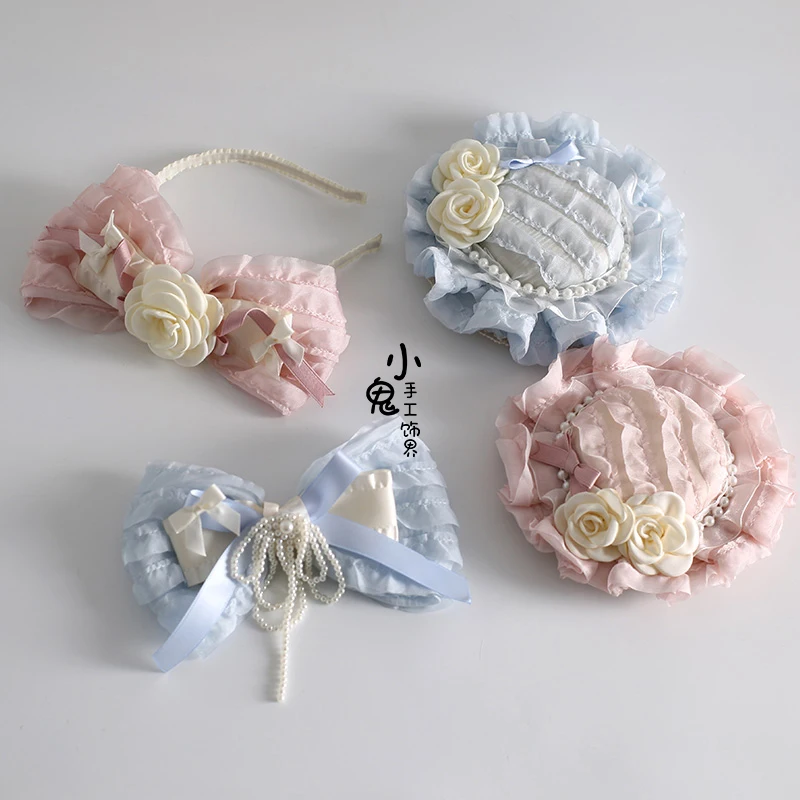 Ribbon Bow Hairband with Hairpins Girls Lolita Lace Ruffled Headband Lolita headdress hair accessories maid headband