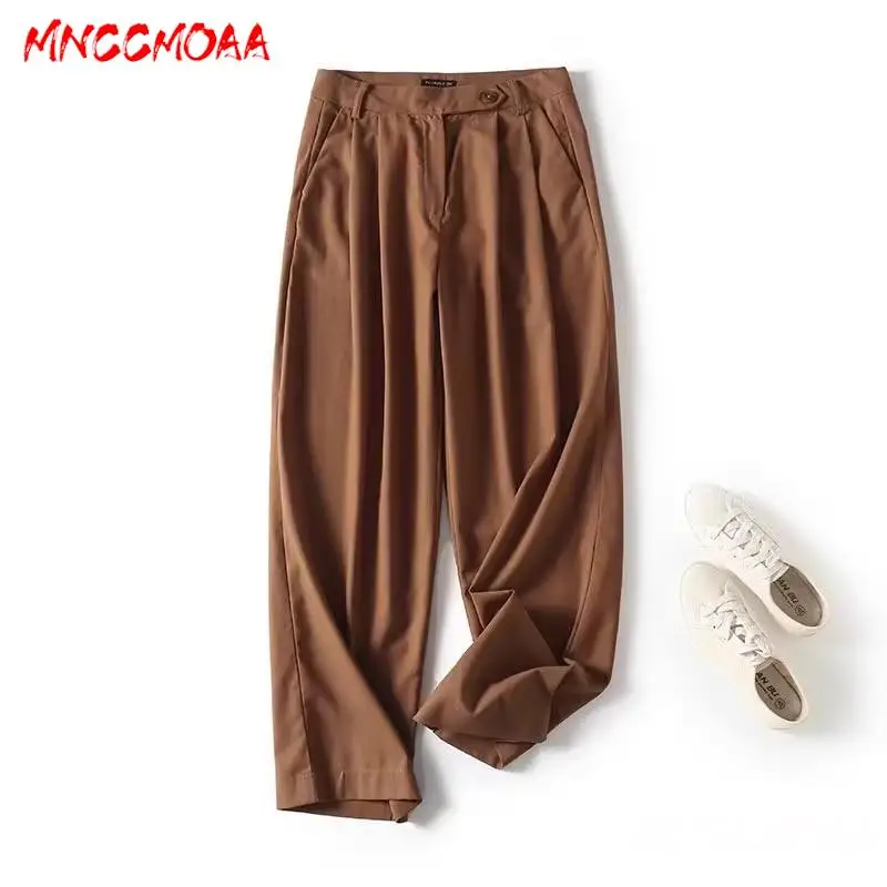 

MNCCMOAA 2024 Women Fashion Vintage Linen Straight Pants Female Casual High Waist Zipper Solid Trousers