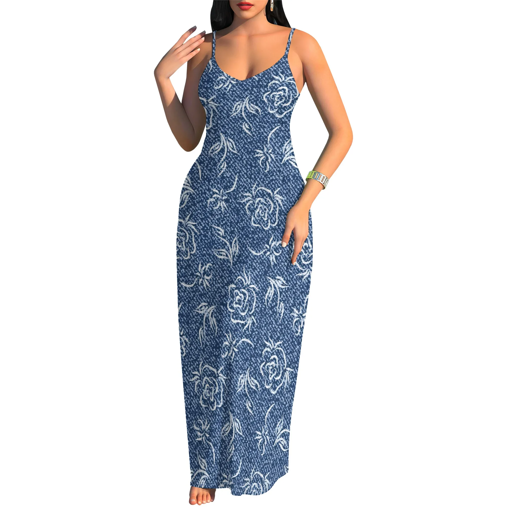 Nupusa Vestido con Estampado Floral para Mujer Verano Casual Correa de Espagueti Denim - Look Maxi Vestido