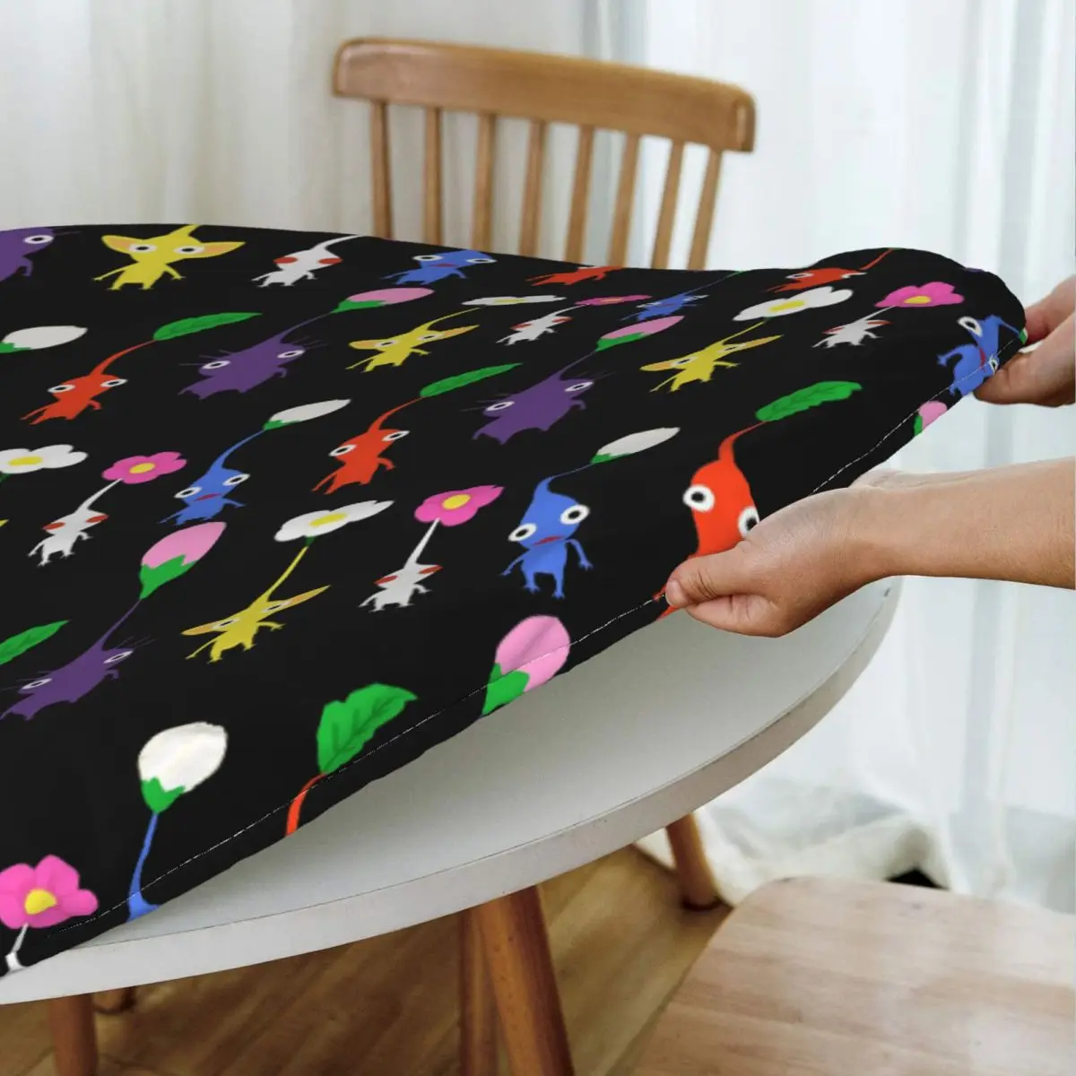 Cute Pikmin Pattern Blue Waterproof Round Tablecloth Oilproof Table Cloth for Kitchen Events Dining Table Cover
