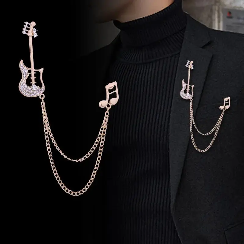 Delicate Guitar Note Brooch Suit Accessories For Men Fashion Shirt Collar Tassel Chain Lapel Brooches Pins Jewelry Party Gifts