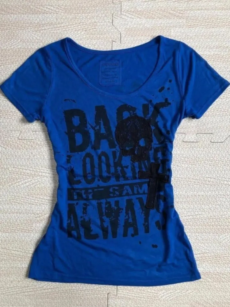 

Slim Fit Skull Letter Print T-irt Women's Summer Faion Casual round Ne ort Sve Top Korean Sle Commute