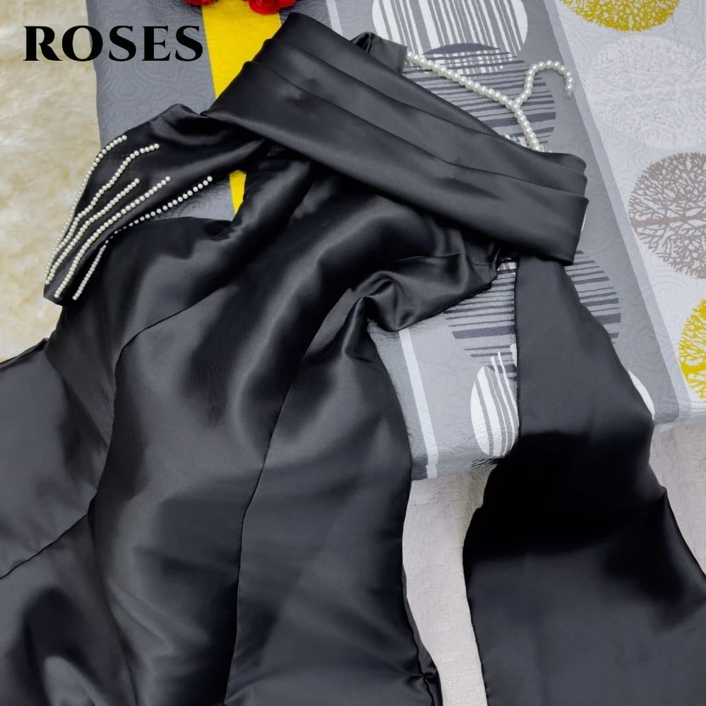ROSES ชุดราตรีสีดำ ชุดเดรสทรงเอ ผ้าซาติน ชุดเดรสคนดัง แขนยาว ชุดราตรีประดับด้วยลูกปัด ชุดสำหรับงานปาร์ตี้ ปรับแต่งได้