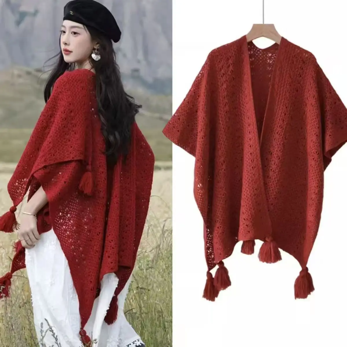 Cape Vintage Etnische Vakantiestijl Gebreide Kwastje Sjaal Vest Damesmantel Dunne Stijl Kleine Sjaal Kwastje Buitenste Kanten Poncho A