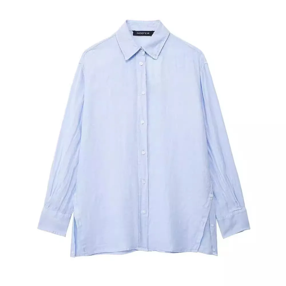 Blue Linen Women Shirt Plus Size Button Lady Blouse New In 2024 Spring Summer Fashion Casual Elegant Office Women Clothing