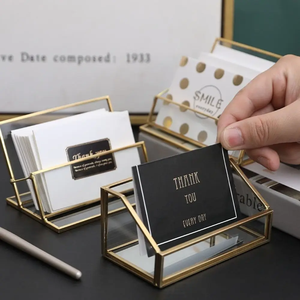 Metal Glass Business Card Holder Stand Professional Elegant Vintage Clear Golden Edge Holder Durable