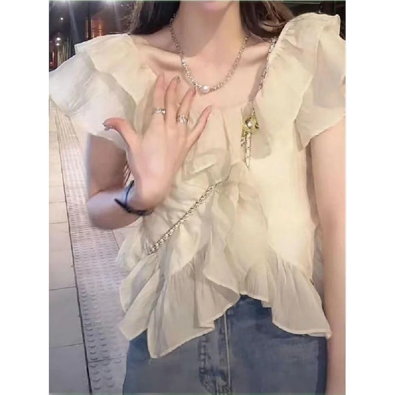 Ele ort Length Chiffon irt Women's Fly Sve Unique Summer Simple Korean Faion Slim Fit Asymmetrical Hem Blouse