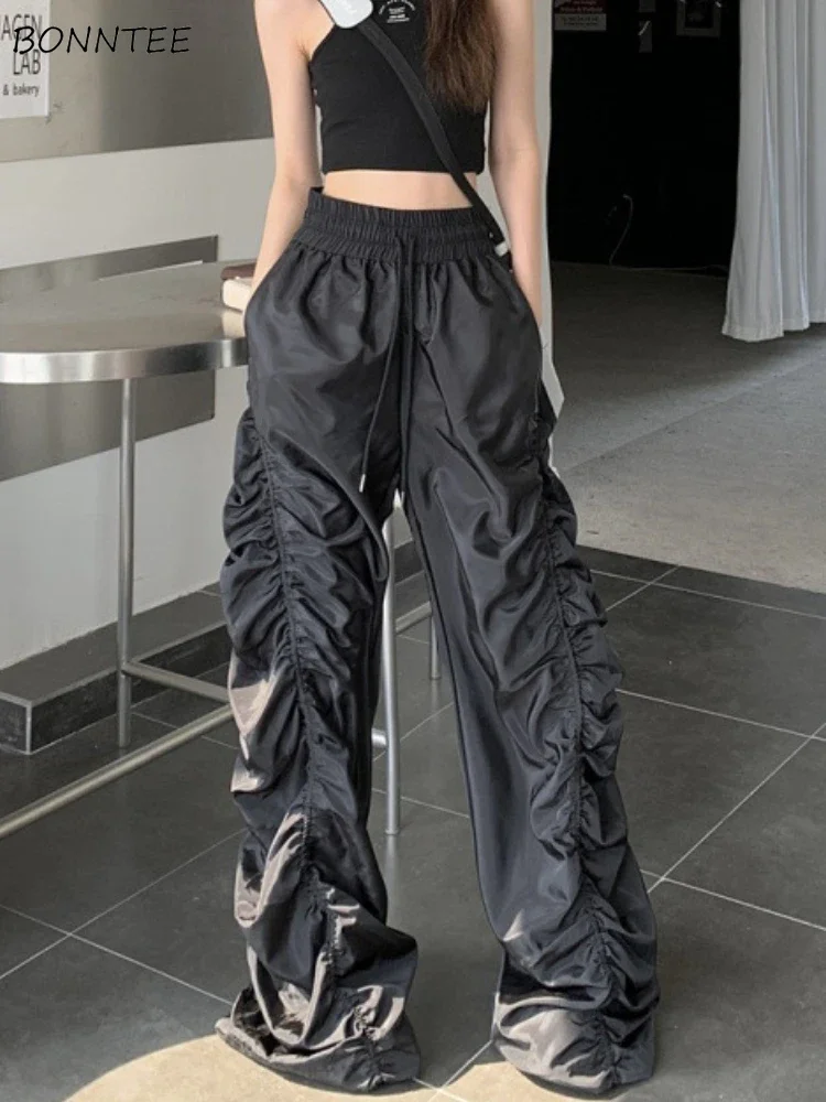 سراويل عالية الخصر للنساء باللون الأسود للركض تصميم غير رسمي على الطراز الأوروبي عتيق بنطلونات هيب هوب رائعة للفتيات