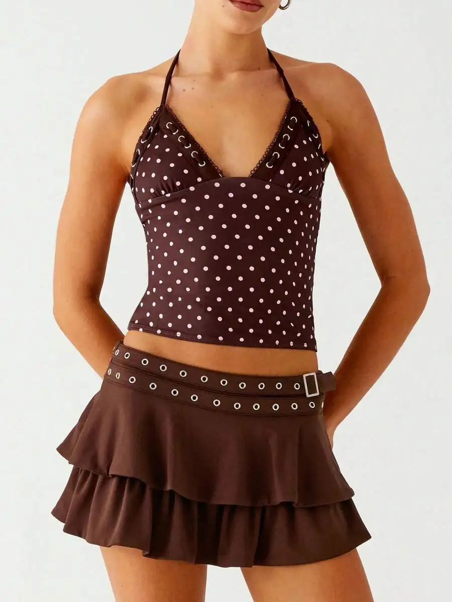 

Womens Polka Dot Halter Top Sleeveless V Neck Open Back Crop Top For Party Nightclub