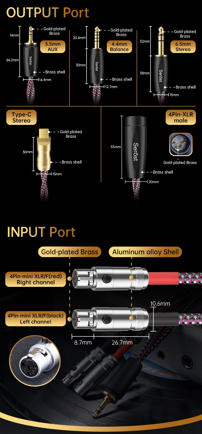 Serost Moon HIFI Audio-Kopfhörerkabel mit zwei Mini-4-Pin-XLR-Buchsen und Optionen für Typ-C, 3,5 mm, 4,4 mm, 6,5 mm, 4-Pin-XLR-Stecker. – Detail 7