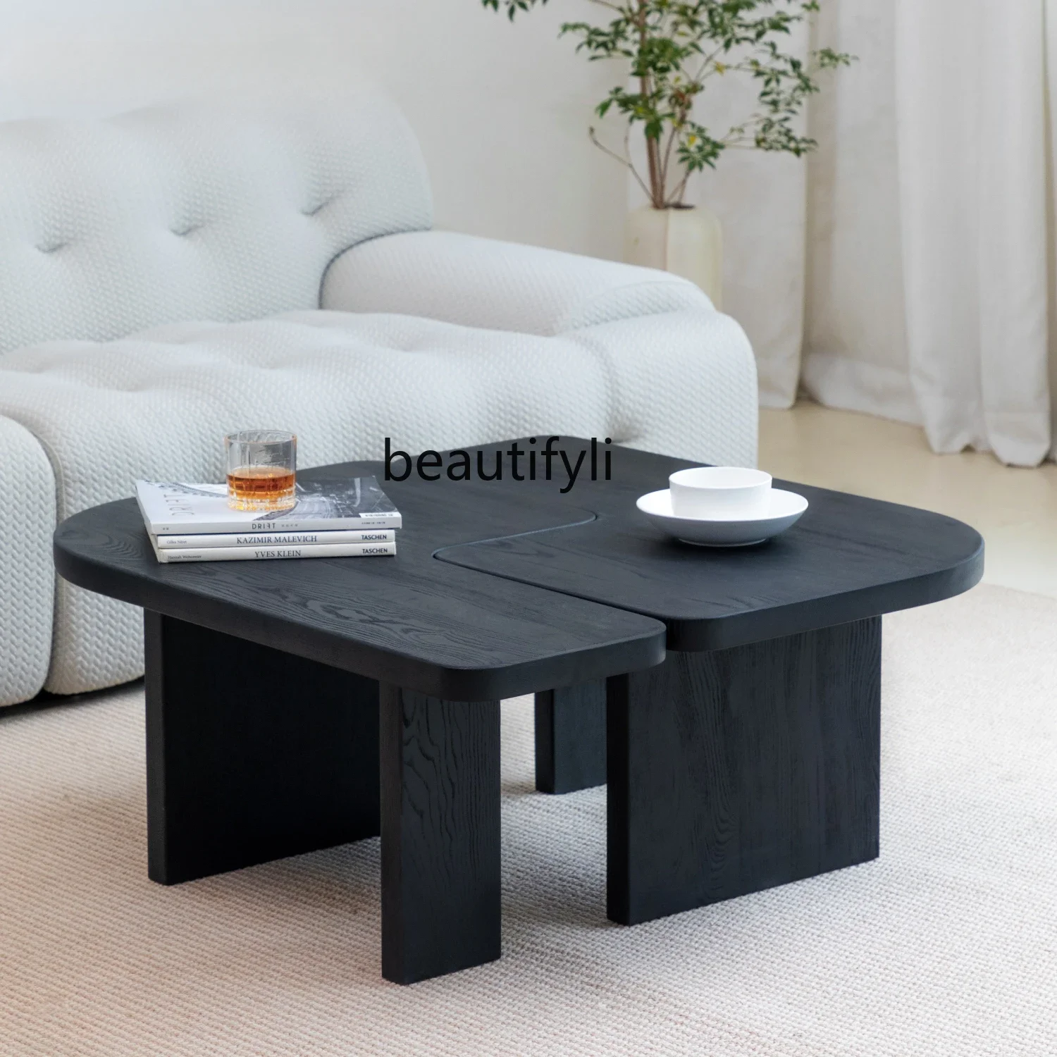 

LXBlack coffee table solid wood ash wood creative low edge few wabi sabi wind tea tableSSS
