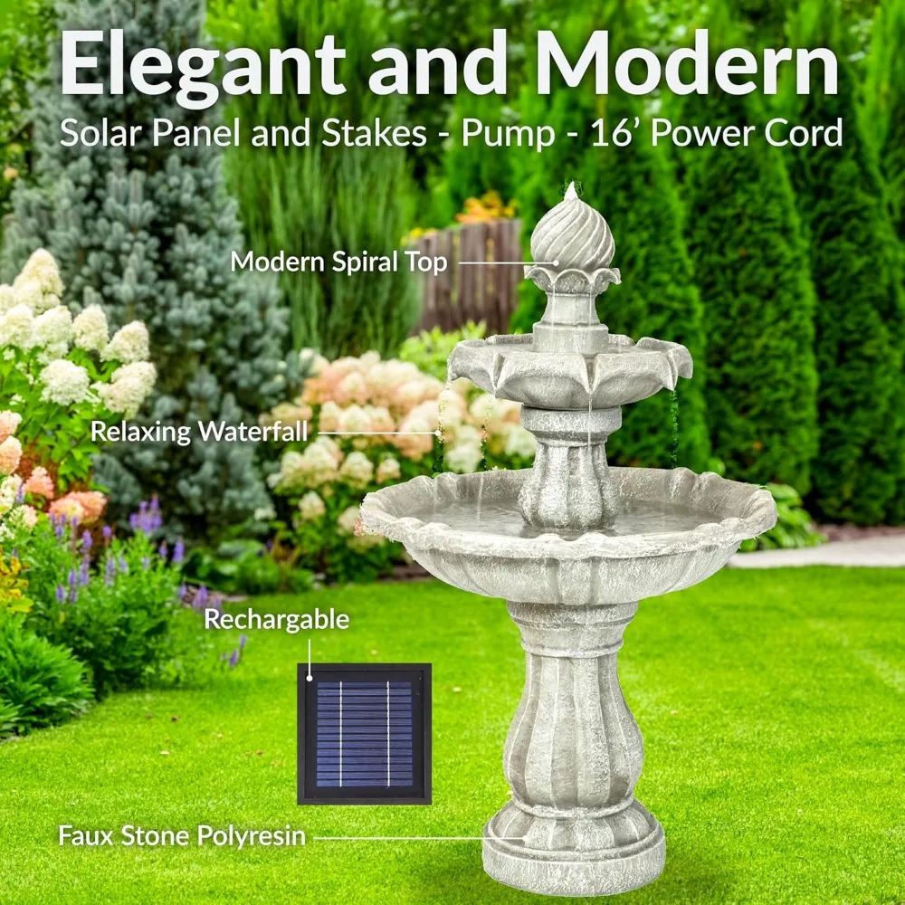 

35" Solar 2-Tier Outdoor Water Fountain - Garden Water Feature with Battery Backup and Pump, Customized