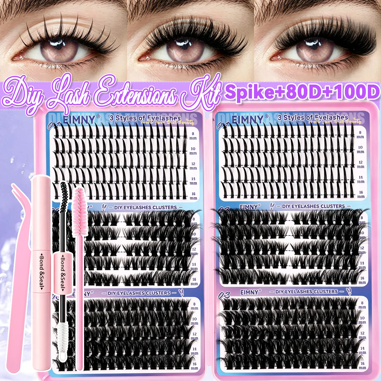 EIMNY 520PCS Cluster Lashes All-In-One Complete DIY Lash Extension Kit Comes Application Perfect For Makeup Newbies Reusable