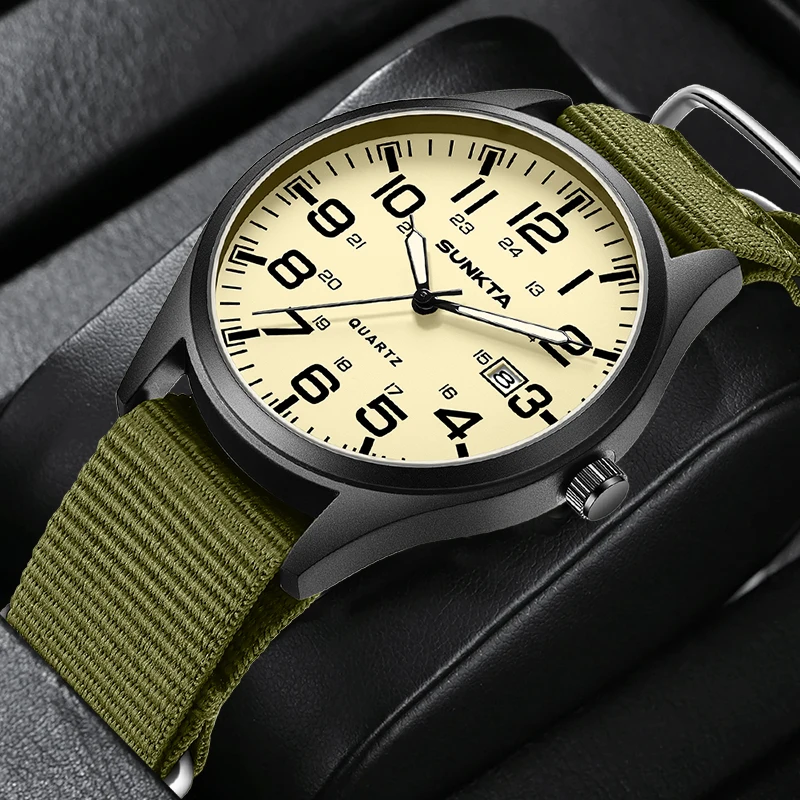 Sunkta Outdoor Casual Sport Man Watch Auto Date Nylon Strap Fashion Simple Waterproof Luminous Clock Quartz Men's Wristwatch New