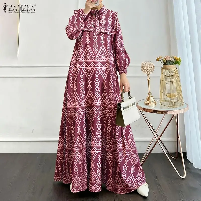 

ZANZEA Женское элегантное платье макси с бантом на шее, длинными рукавами-фонариками, оборками и А-образным силуэтом, мусульманское скромное платье-абайя