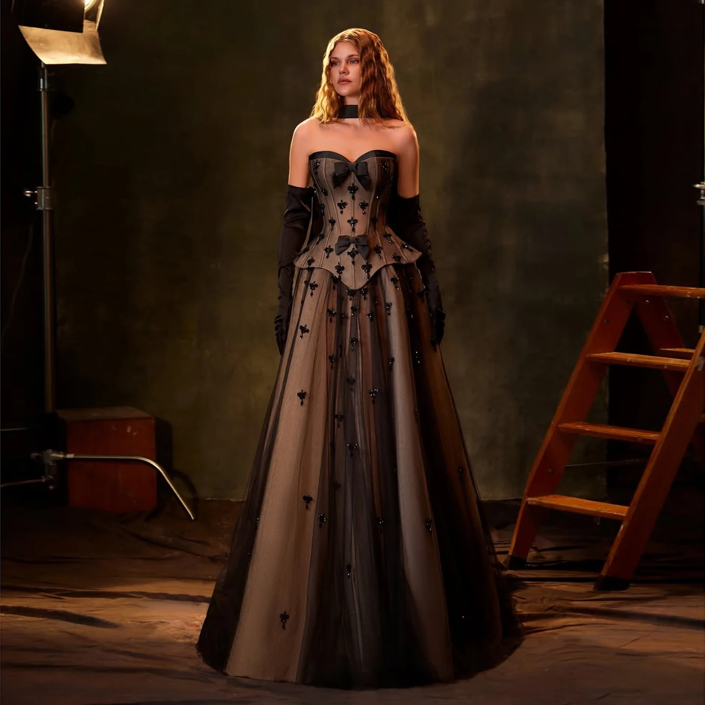

Sharon Said Black Bow A-Line Sweetheart Evening Dress with Crystal Gloves for Woman Wedding Arabic Prom Gown SF241 Customized