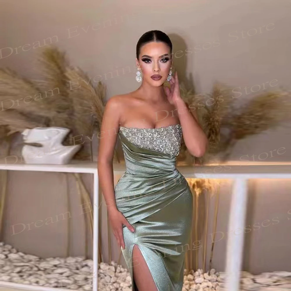 Generous Simple Greet Mermaid Women Beaded Evening Dresses Strapless Sleeveless Satin High Split Ruched  Prom Gowns Formal Party