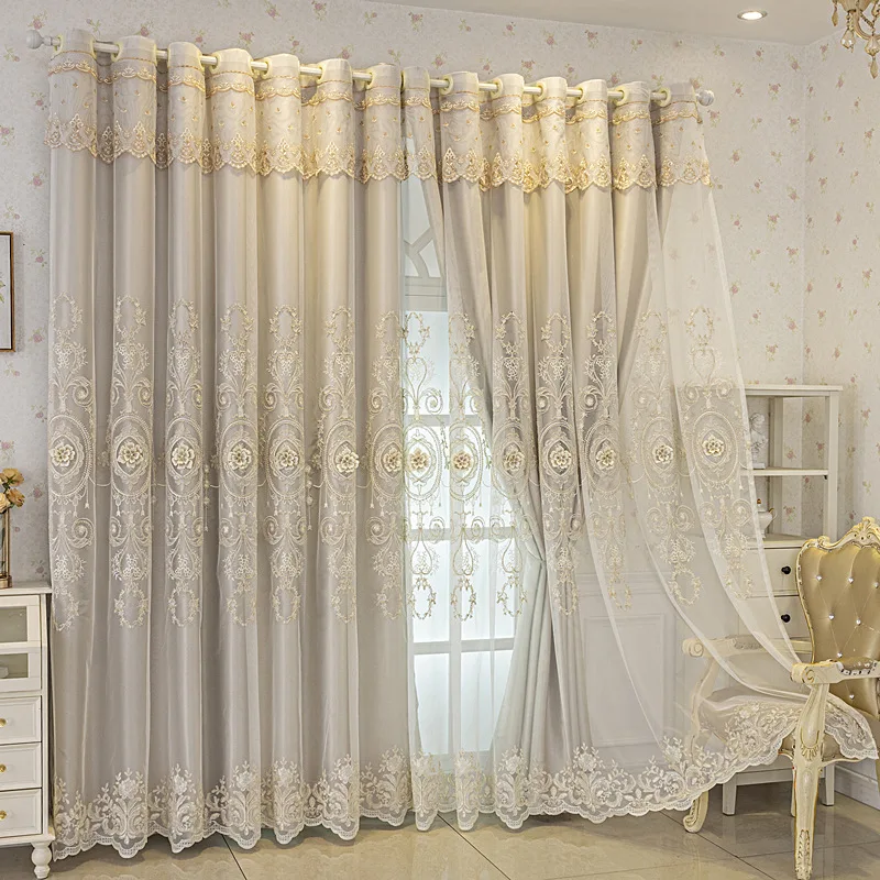 1 Panel 132cm Width European Double Layer Curtain with Valance for Living Room Bedroom Luxury Embroidered Blackout Curtain