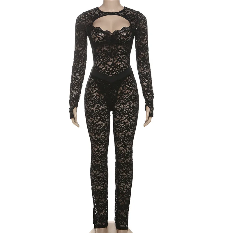 Women Sexy See Through Lace 2 Piece Set Long Sleeve Hollow Out Backless Bodysuits Top + High Waist Split Pants Party Clubwear