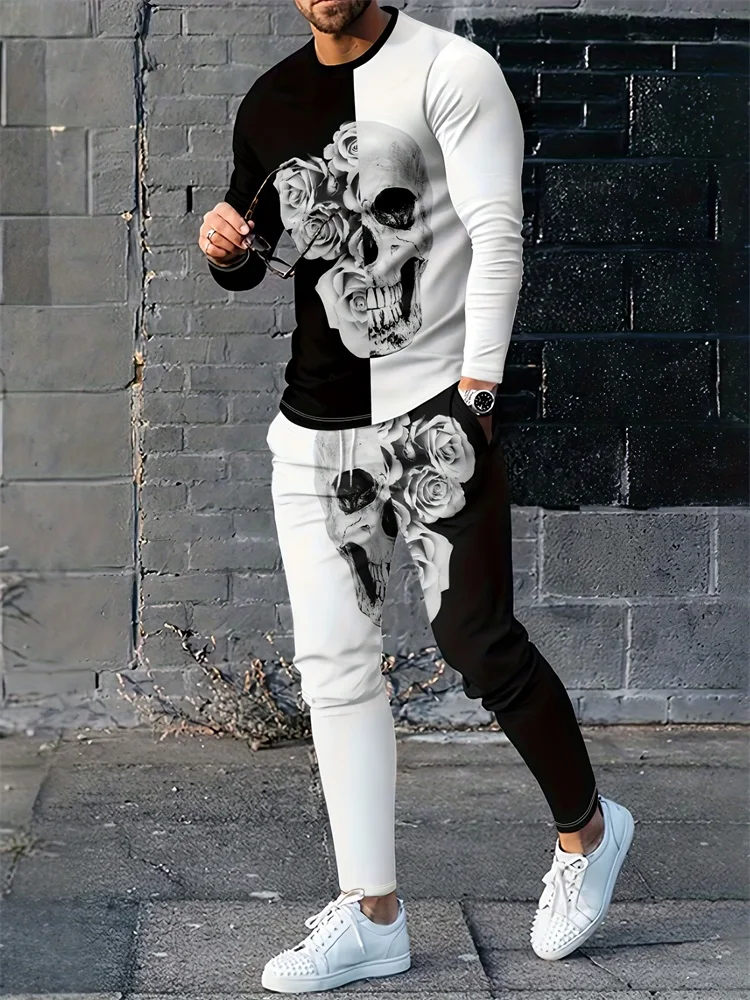 Skull Horror Vibe Printed Men's Crewneck Long Sleeve T-shirt And Pants Street Fashion Trend Men's Long Sleeve 2 Piece Set