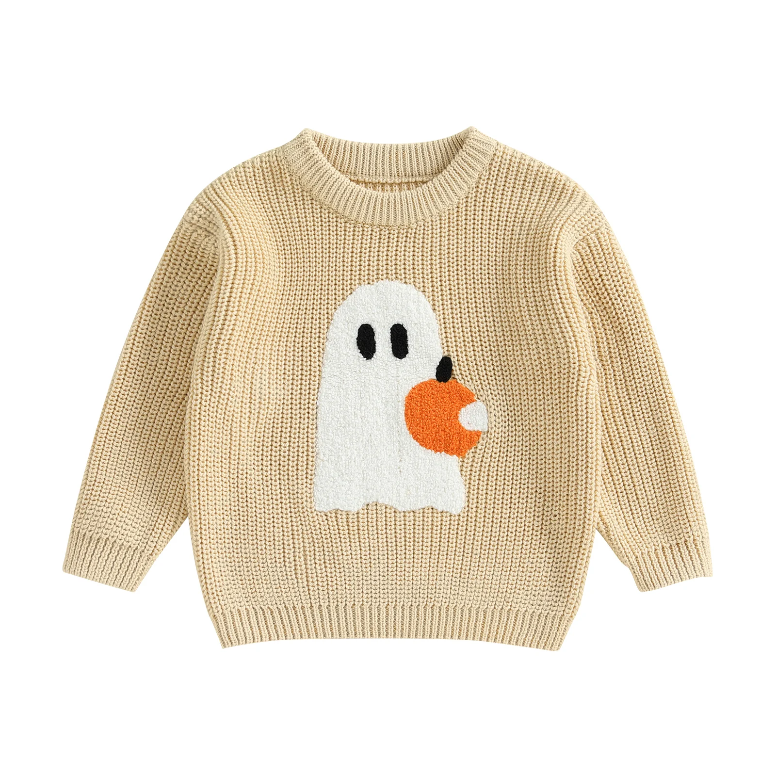 Baby Boy Girl Halloween Sweater Pumpkin/Ghost Embroidered Crewneck Long Sleeve Pullover Chunky Knit Tops