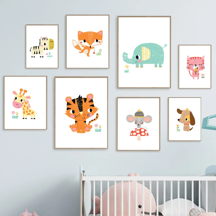Láminas Decorativas de Animales de Dibujos Animados para Cuarto de Bebé, Pósters de Lienzo con Animales Coloridos de la Selva y el Zoológico, Decoración para Habitación Infantil, Dormitorio y Sala de Juegos