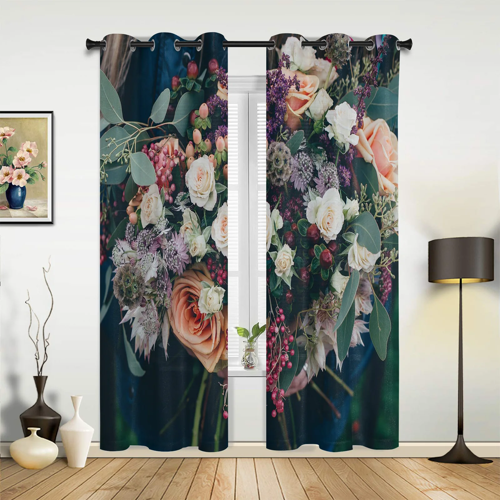 Flowers Idyllic Flower Arrangement Love Park Window Curtains for Bedroom Living Room Decor  Kitchen Window Curtains Drapes