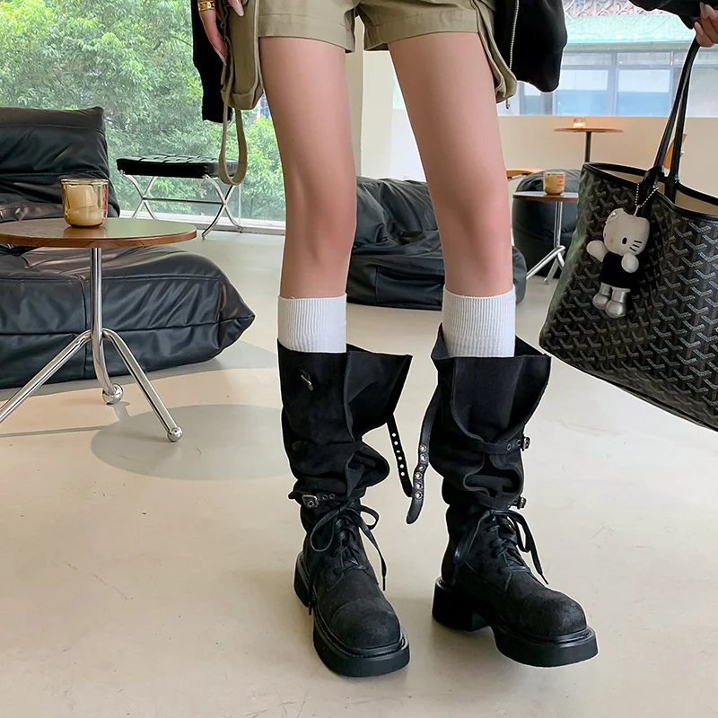 

Retro Faux Leather Knight Boots Women's Design round Toe Show Versatile Long Boots Velvet Interior Rubber Outsole Thick Heel