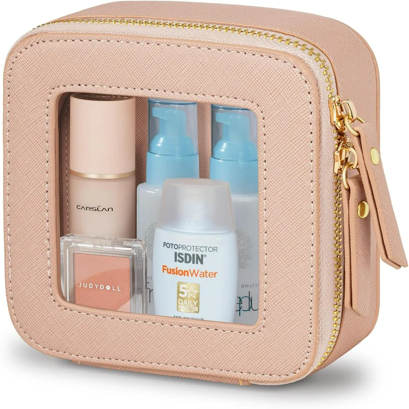 Makeup Bag - Clear Cosmetic Bags for Women,Cute Waterproof Toiletry Bag for Travel,Small Makeup Bag with Clear Windows & Gold Zi