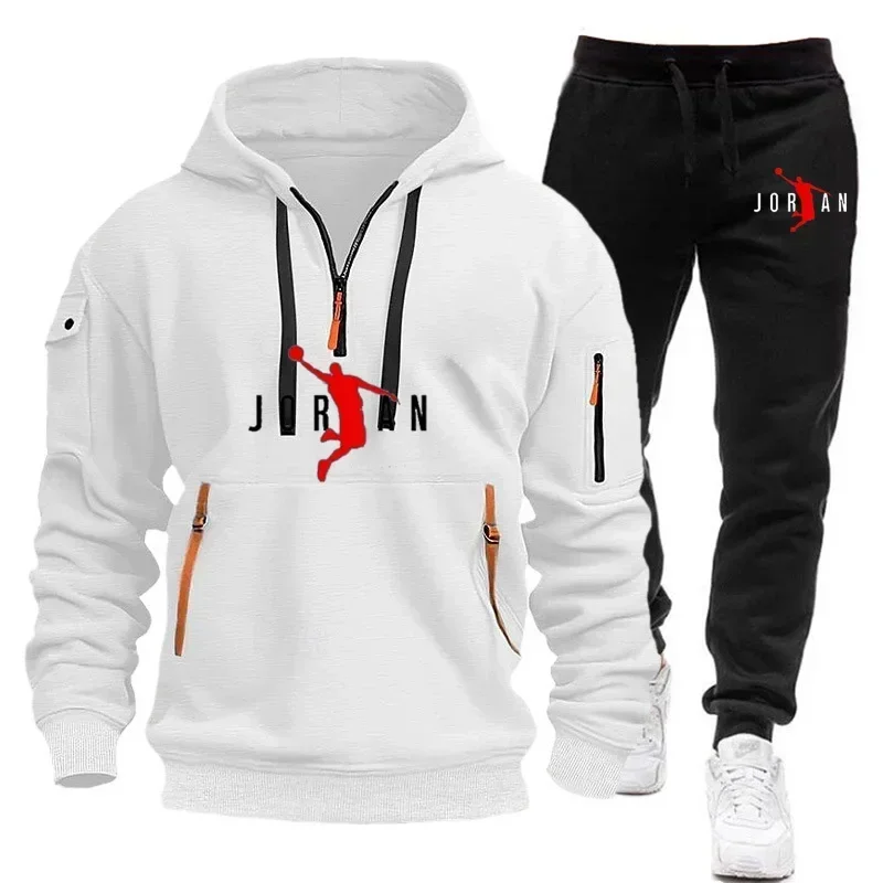 Autumn and winter casual jogging men's sportswear set with zipper hood and multiple pocket zipper hoodie protective pants