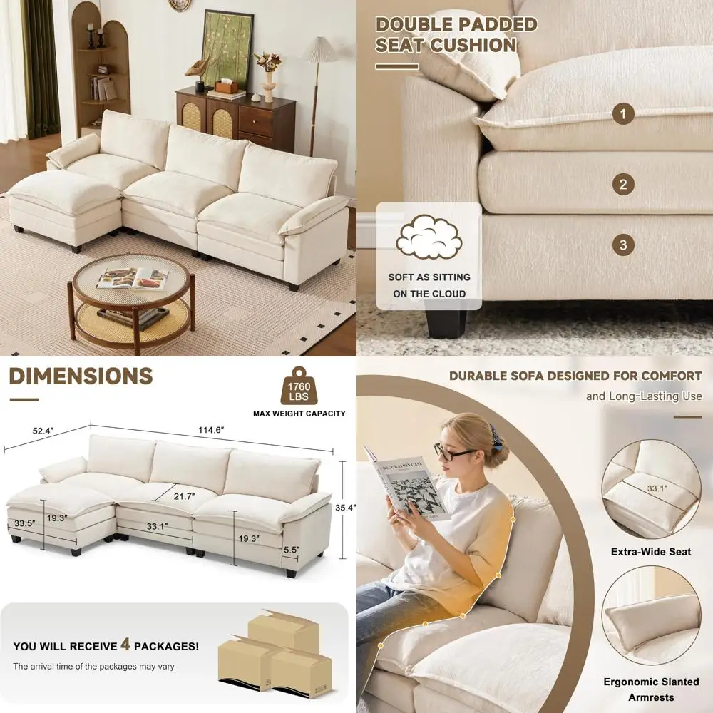 أرائك وحدات كبيرة مريحة مستوحاة من السحابة مع مسند، مقاعد بأربعة مقاعد على شكل حرف L للمعيشة الحديثة #1