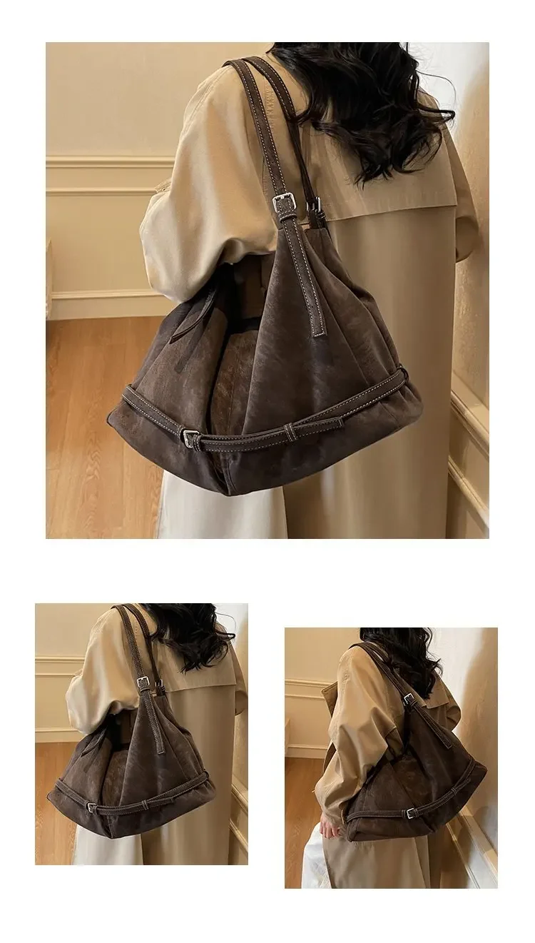 CEEKAY Damen Hobo-Tasche, dunkelbraun, Wildleder-Textur, große Schulterhandtasche, seitliches Schnallendetail, Reißverschluss, für den täglichen Pendelverkehr, lässig – Detail 4