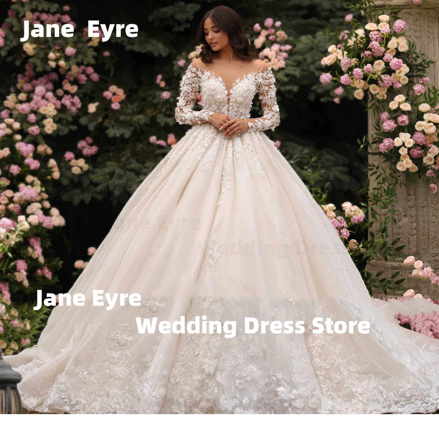Jane eyre colher pescoço manga longa vestido de baile vestido de casamento requintado apliques miçangas flores princesa vestido de noiva personalizado