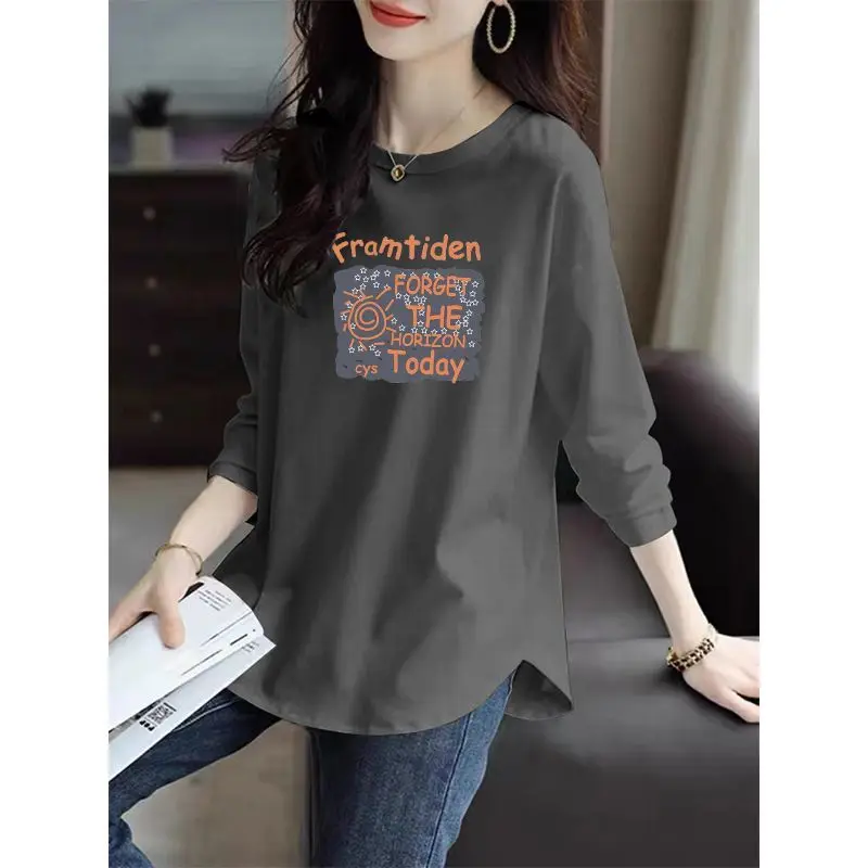 Spring Autumn New Long Sleeve Printing Letter Tops Tees Solid Color All-match Youth Casual T Shirts Vintage Korean Women Clothes