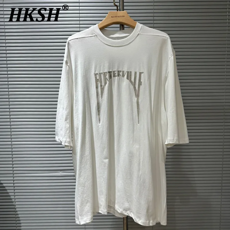 

HKSH Summer Men's Tide Dark High Street Trendy Letters Print T-shirt Women Round Collar Cotton Oversized Loose Short Tees HK3578