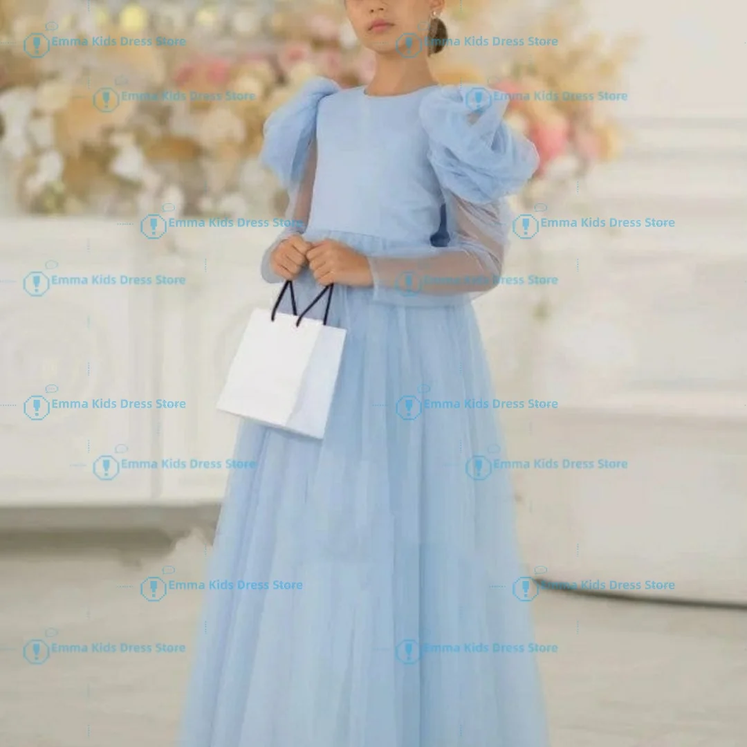 

Custom Elegant Blue Tulle Flower Girl Dress Long Puff Sleeve with Bow Wedding Birthday Party Communion Princess Dress